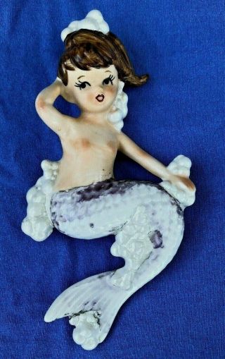 Vintage Ceramic Mermaid Sitting On Bubbles Wall Plaque Pinup