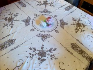 Vintage Linen Hand Embroidered Cut Work Tablecloth Cream Brown Scalloped Edge.