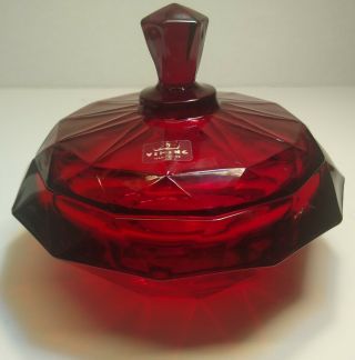 Vintage Viking Glass Diamond Point Epic Series Ruby Red Covered Candy Dish