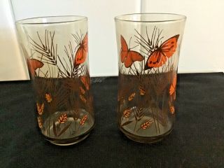 Vintage Drinking Glasses,  Smoked Glass With Orange Butterflies,  Yellow Leaves An