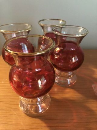 (4) Vintage 1950s Bartlett Collins Iridescent Red Ruby Vases With Gold Bands