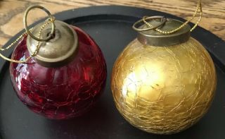 Vintage 2 Large Crackle Glass Gold Kugel Style Christmas Ornament