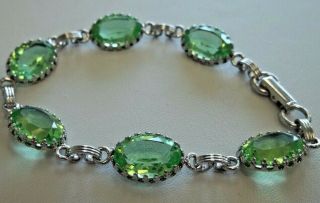 Vintage Sterling Silver Green Cut Glass Or Crystal Bracelet Gorgeous