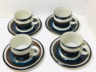 Vintages Arabia Finland Set Of 4 Coffee Tea Cup & Saucer 1970’s Blue Brown