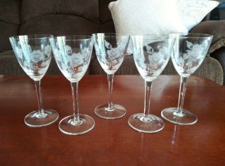 Vintage Cut Crystal Wine Glasses Etched Roses Set Of 5 Elegant Stemware