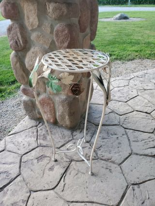 Vintage Wrought Iron White Plant Stand With Decorative Flowers 27 " Tall