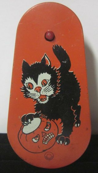 Vintage Halloween Black Cat & Jack - O - Lantern Tin Litho Noise Maker Wooden Handle