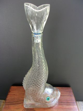 Vintage Mid Century,  Glass Decanter,  Fish With Tail Stopper.  Glass Eyes Italian