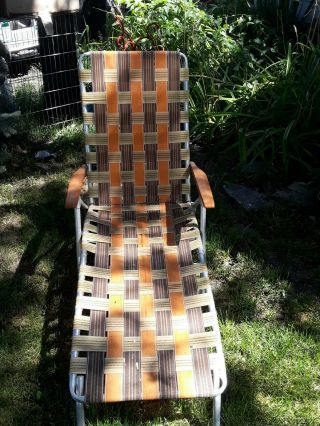 Vtg Aluminum Webbed Folding Chaise Lounge Chair Adjustable Orange Brown 1970s
