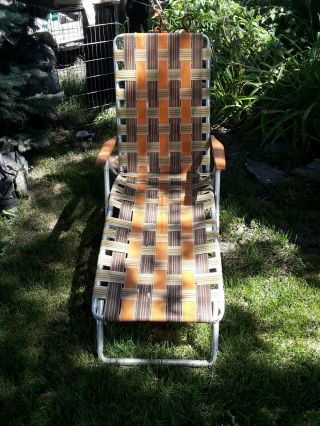 Vtg Aluminum Webbed Folding Chaise Lounge Chair Adjustable Orange Brown 1970s 2
