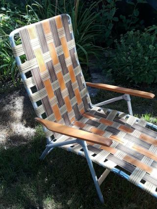 Vtg Aluminum Webbed Folding Chaise Lounge Chair Adjustable Orange Brown 1970s 3