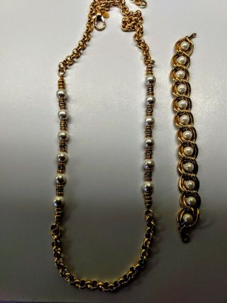 Vintage Signed Nolan Miller 14in Rhinestone & Pearl Necklace Bracelet & Earrings