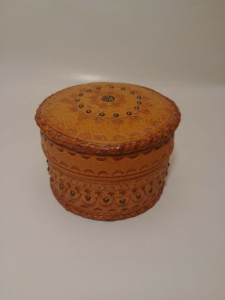 Vintage Tooled Leather Round Lidded Trinket Box