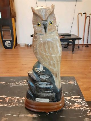 Vintage 11.  5 " Hand Carved Buffalo Horn Owl Figurine Thailand Statue Wood Base