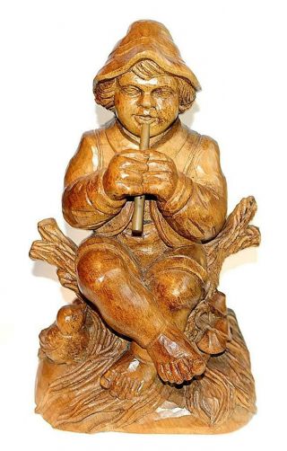 Vintage Black Forest Tyrolean Carved Wood Figure Of A Boy Playing A Flute 10
