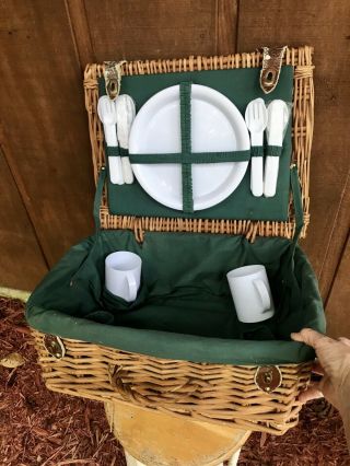 Vintage Wicker Rattan Picnic Basket With Most Accessories