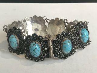 Vintage Sterling Silver Filigree Bracelet W/ Pin Hinge Turquoise Stones 7inch