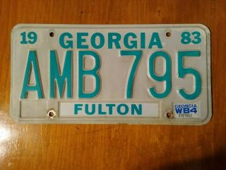 1983 Fulton County Georgia License Plate 1984 Sticker Amb 795