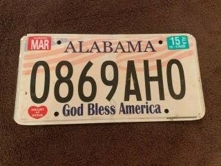 Vintage Alabama License Plate Tag Al Mar 2015 God Bless America 0869ah0