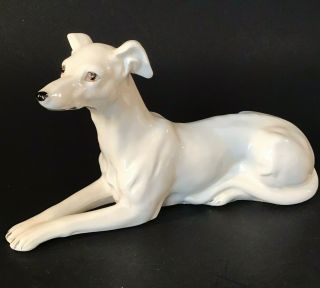 White Greyhound Dog Figurine Porcelain 8 1/4 " W Brown Eyes Black Nose Vintage