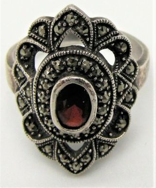 FESSENDEN & CO.  STERLING SILVER,  MARCASITE AND GARNET RING SIZE 9 2