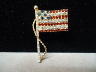 Vintage Red - White & Blue Rhinestone American Flag Patriotic Brooch Pin