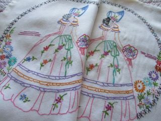 Pair Vintage Hand Embroidered Cushion Covers - Crinoline Ladies & Flora