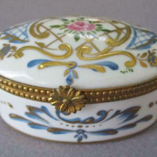 Vintage French Limoges Hp Porcelain Oval Trinket Box Blue,  Pink Rose Gilt Paste