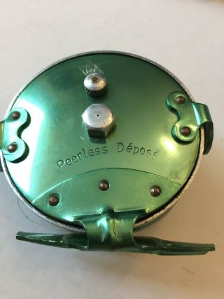 Vintage Peerless Depose I.  T.  Fly Fishing Reel Green Aluminum Ex Cond.  3 " X 3 "