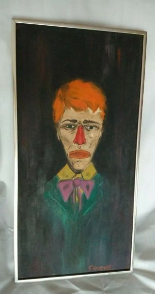 Vintage Sad Clown Acrylic Painting Framed Artist Signed 12 " X 24 "