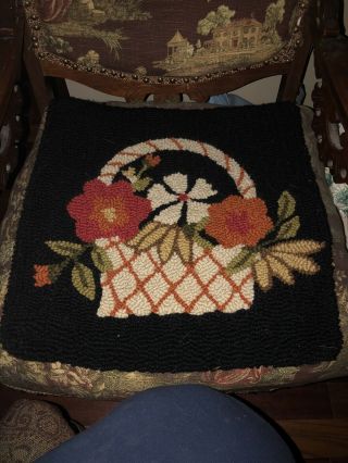Hooked Rug Large Wool,  Pillow.  18” Square.  Antique Style Basket Of Flowers.