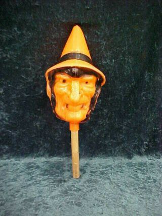 Bayshore Ind.  Blow Mold Witch Vintage Noise Maker Rattle Wooden Handle Halloween
