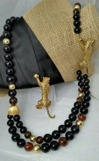Vintage High End Black Gold Brown Bead Leopard Clasp Necklace Leopard Brooch Set