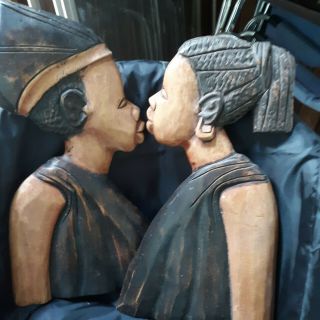 Vintage African Carved Wood Wall Hanging Set Of 2 Man,  Woman 18 " Head Profile