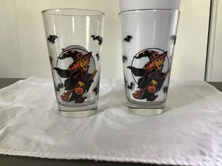 2 Vintage Halloween Witches Bats Drinking Glasses Tumblers