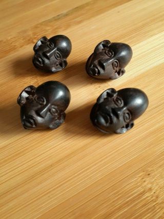 Vintage Carved Wood Realistic Buttons African Tribal Head Mask Buttons Set Of 4