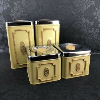 Set Of 4 Ekco Harvest Gold Vintage Tin Floral Canisters Mid Century Modern Retro