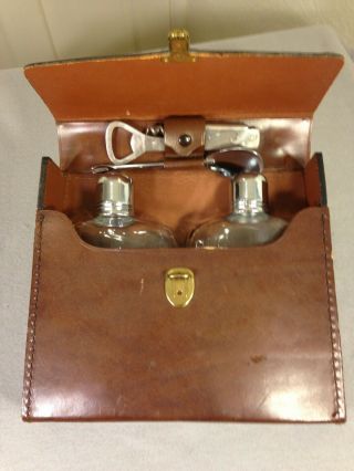 Vintage Double Hip Flask Set Leather Portable Drink Bar Locking Leather Case