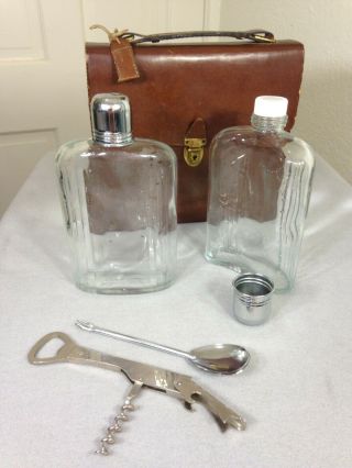 Vintage Double Hip Flask Set Leather Portable Drink Bar Locking Leather Case 2