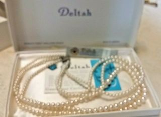 Vintage Deltah Simulated Pearl Necklace In The Box With Paper 3 Strand