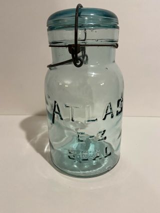 Vintage Atlas E - Z Seal Blue Quart Canning Jar With Glass Lid And Wire Bale 5a