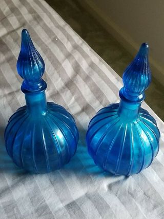 Vintage Italy Italian Empoli Glass Midnight Blue 9 " Ribbed Genie Bottle Decanter