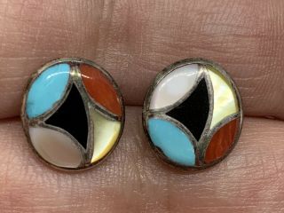 Vintage Native American Zuni Sterling Silver Multi Stone Inlay Post Earrings