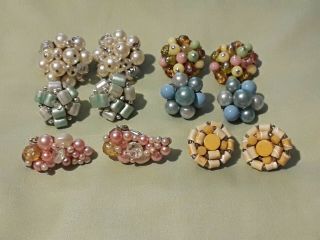 Vintage Signed Japan Clip On Cluster Earrings 6 Pairs White Pink Blue More