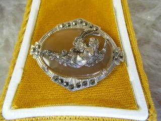 Vintage Art Deco Angel Sterling Silver Camphor Glass Brooch Marcasite