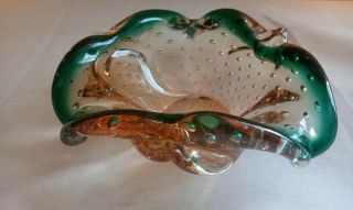 Vintage Orangish Pink & Green Murano Art Glass Ashtray / Bowl With Controlled.