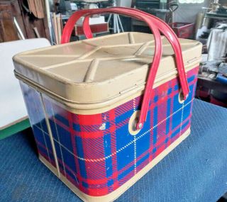 Vintage Nesco Picnic Basket Red And Black Plaid Tin Box