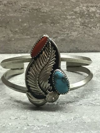 Vintage Navajo Sterling Silver Turquoise & Red Coral Cuff Bracelet 25g