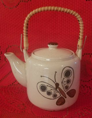 Vtg Japan Stoneware Otagiri Teapot - Bamboo Handle - Butterfly Design 6 " T