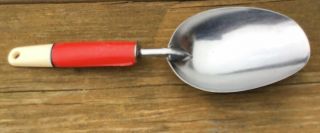 Vintage A&j Stainless Steel Scoop Red / White Plastic Handle Made In Usa
